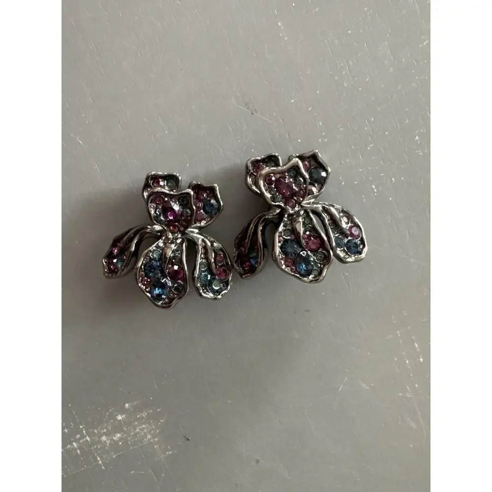 Large Signed Kenneth Jane Lane Blue & Purple Iris Flower Clip Earrings Vintage - Picture 3 of 14